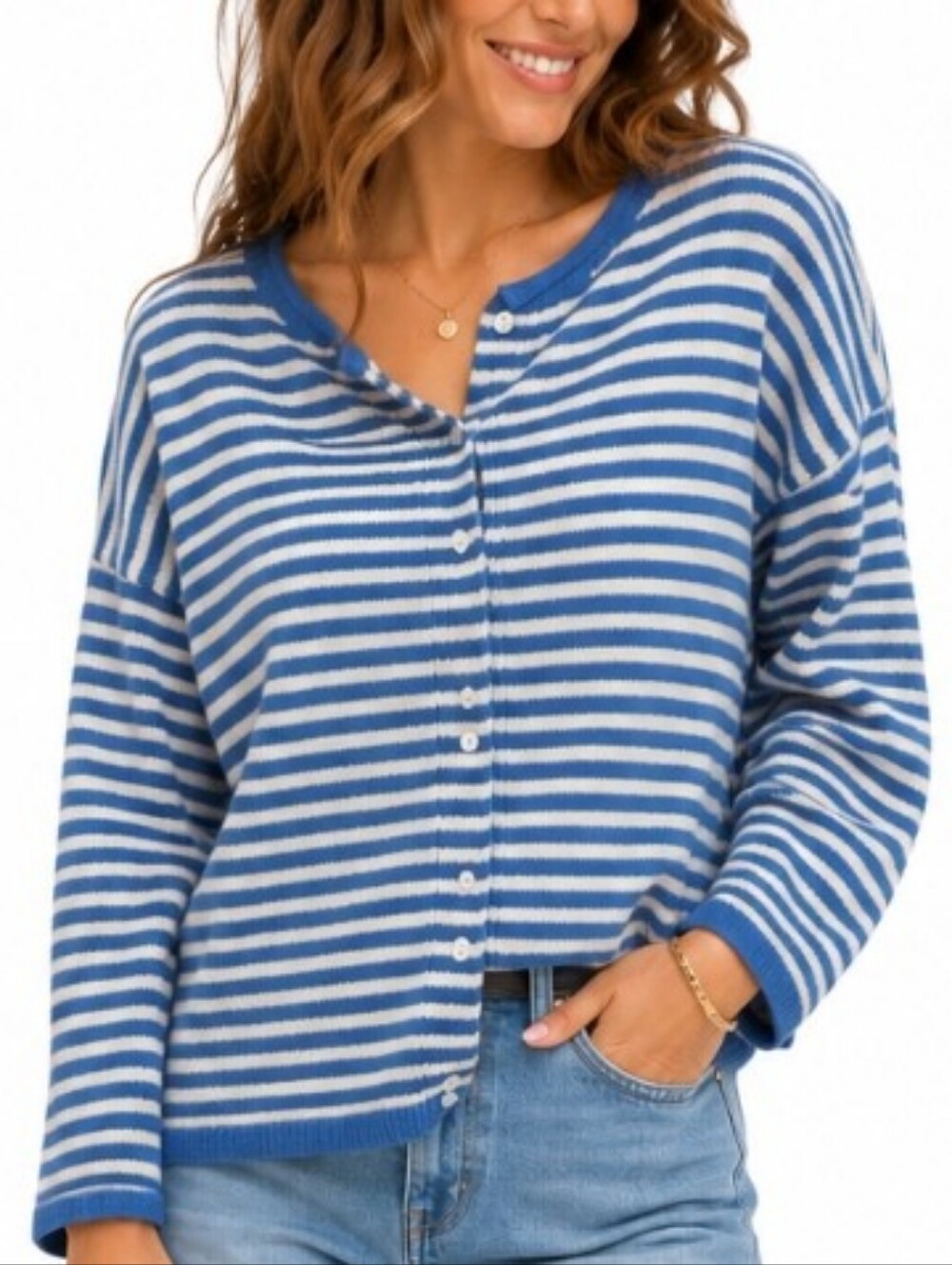 Nautical Breeze Knit Striped Cardigan Medium Button Front Minimalist